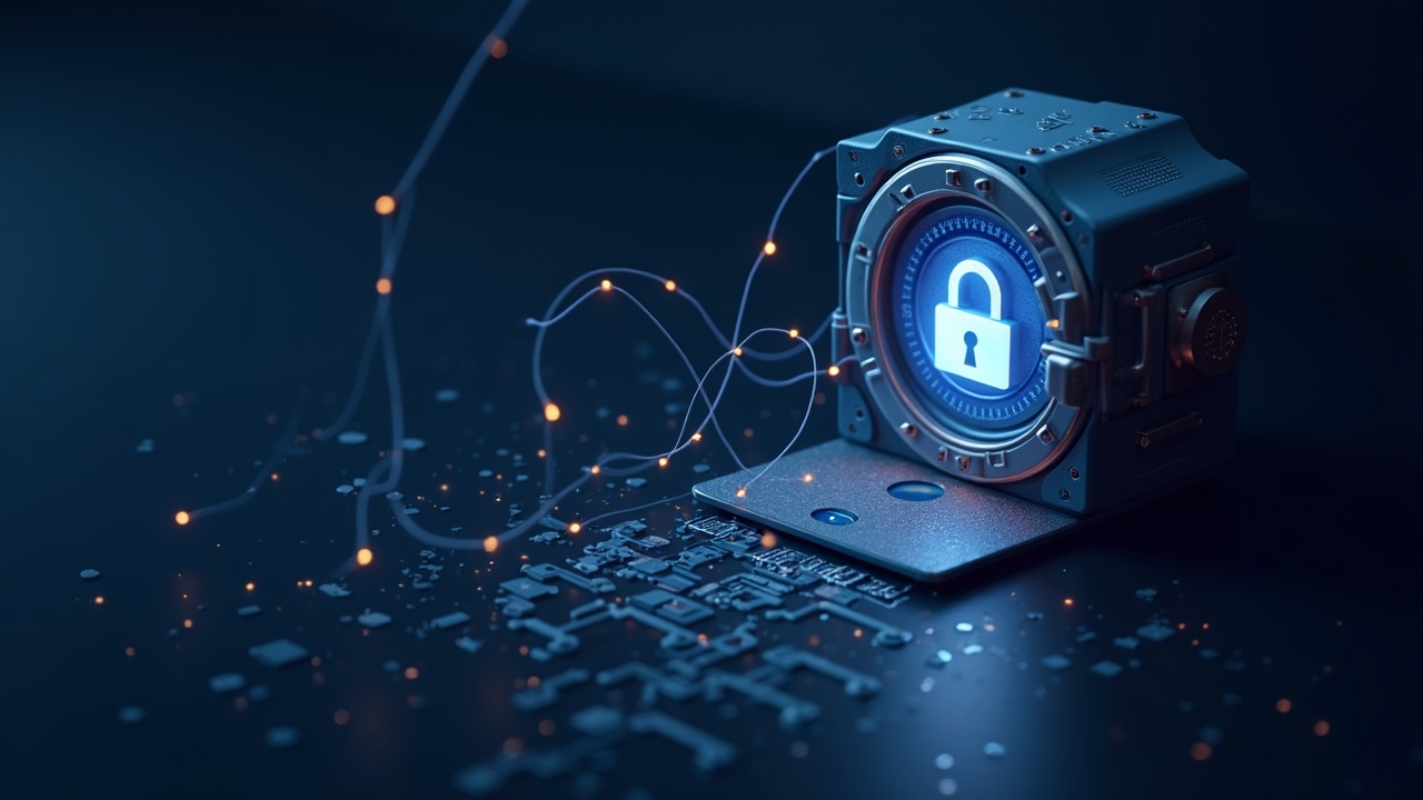 Realistic crypto vault with flowing blockchain strands converging on a sleek wallet, MPC glow and editorial lighting.