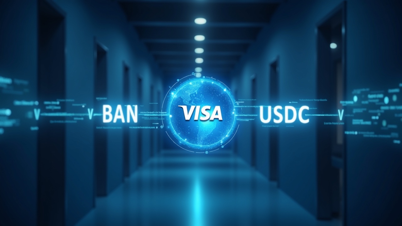 Photorealistic bank corridor with a glowing Visa logo merging with the USDC symbol, data streams linking banks.