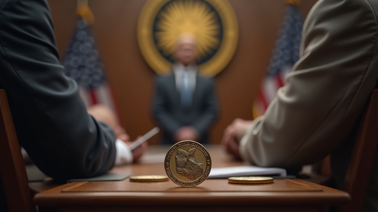 Photorealistic image of crypto symbols and governance imagery signaling Wyoming's crypto policy legacy in a Senate race.