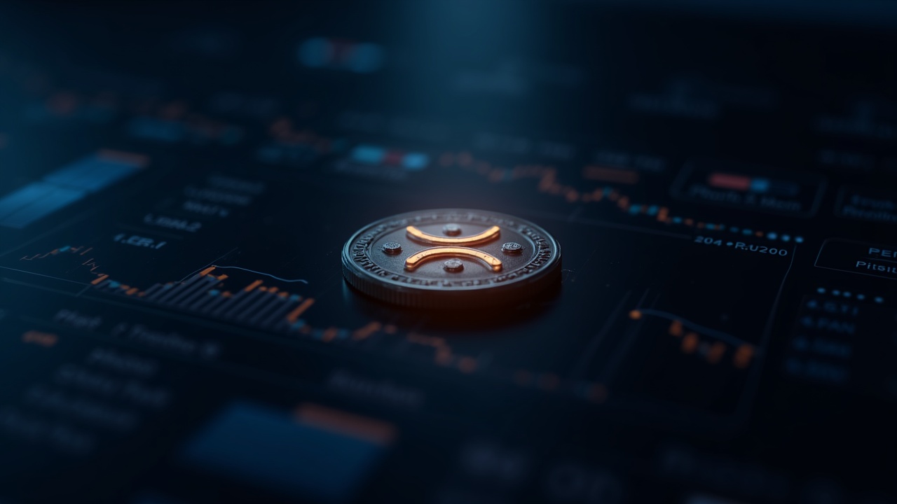 Photorealistic XRP token illuminated in a modern custody environment with dashboards and market data overlays.