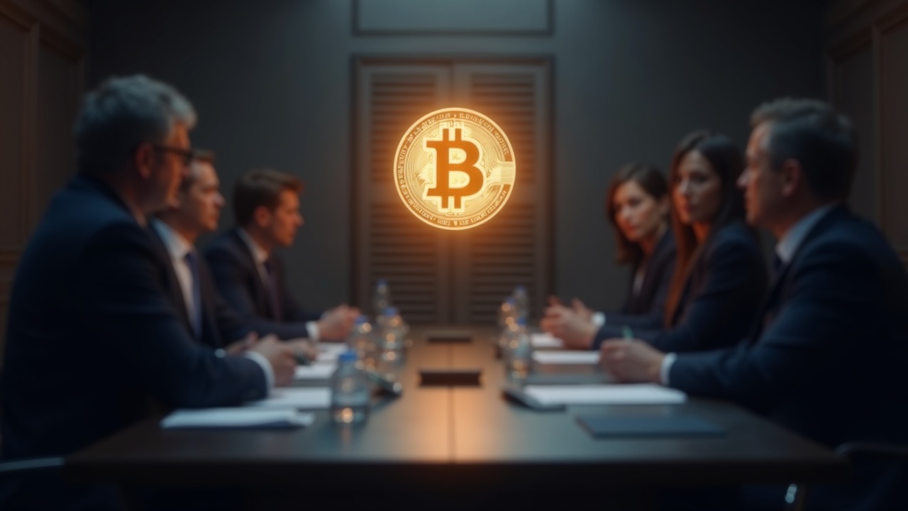 Photoreal boardroom with executives and a glowing BNB glyph above the table, symbolizing crypto governance.