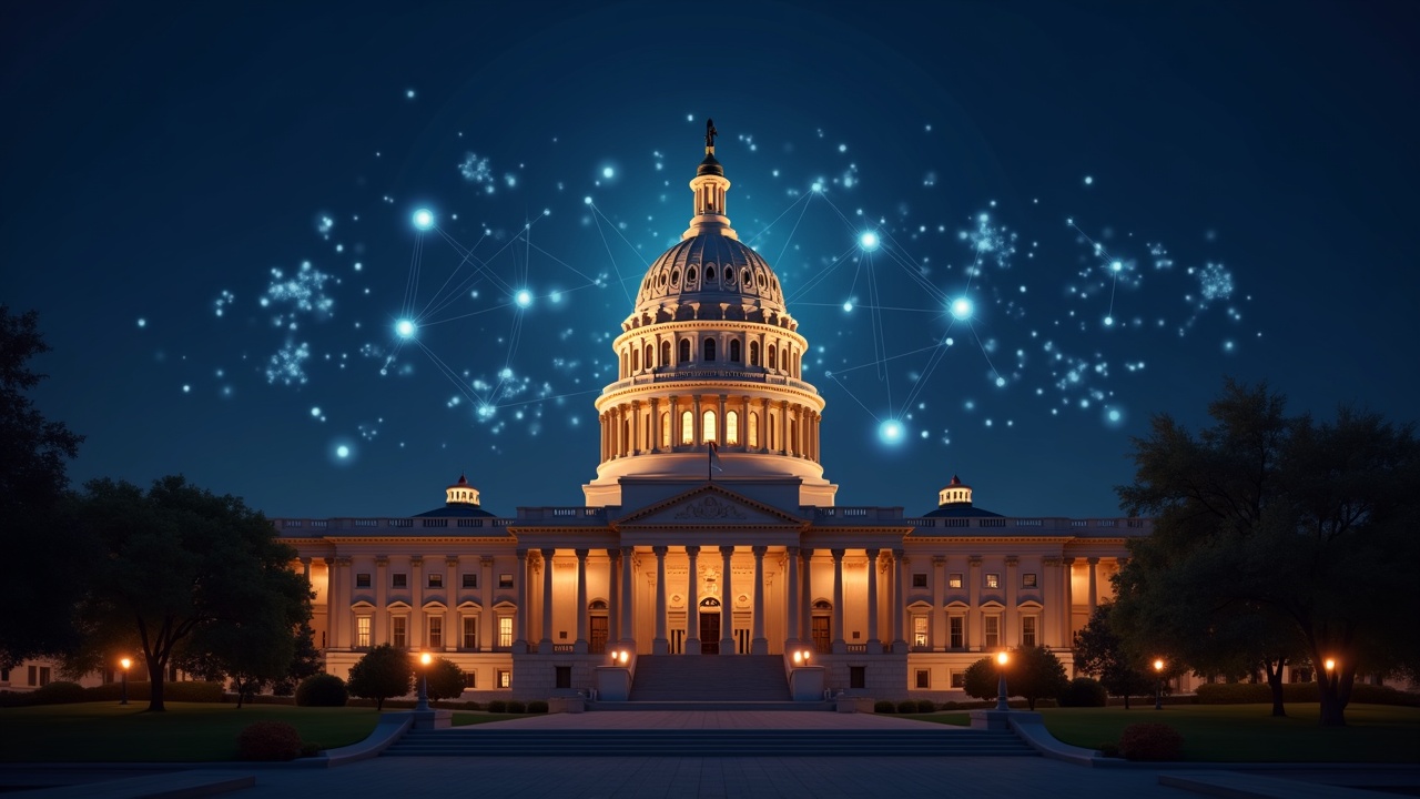 Photorealistic Arizona State Capitol with holographic Bitcoin and blockchain nodes symbolizing crypto-friendly policy.