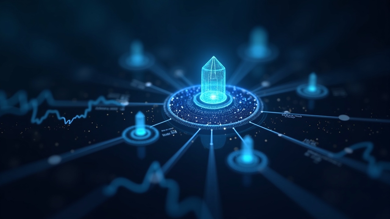 photorealistic header: central holographic blockchain node connected to smaller nodes over market charts and newsroom backdrop.