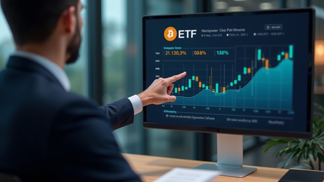 Photorealistic bank advisor in a sleek office presents Bitcoin ETF options on a screen, illustrating a 1%–4% crypto allocation.