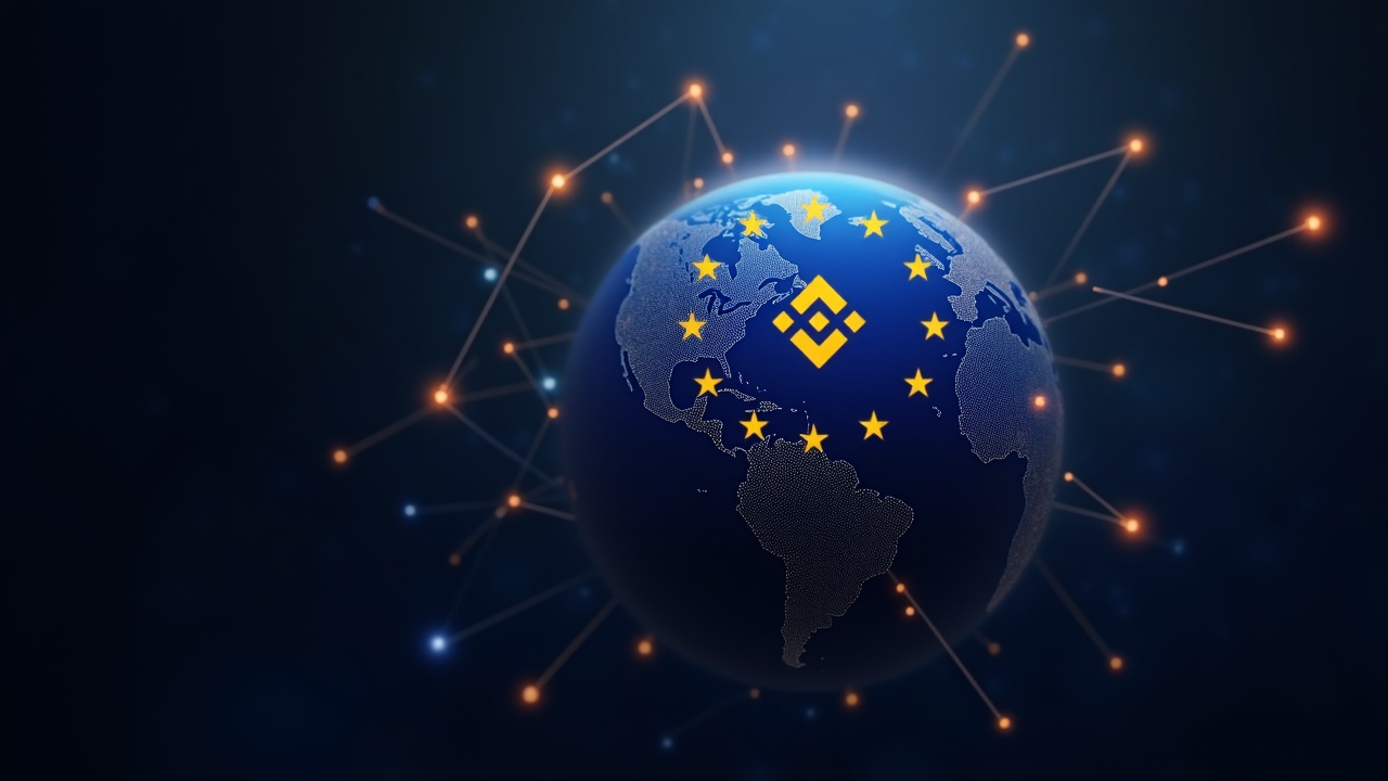Photorealistic blockchain globe with EU flag overlay and Binance logo, rays link European capitals to symbolize MiCA passporting