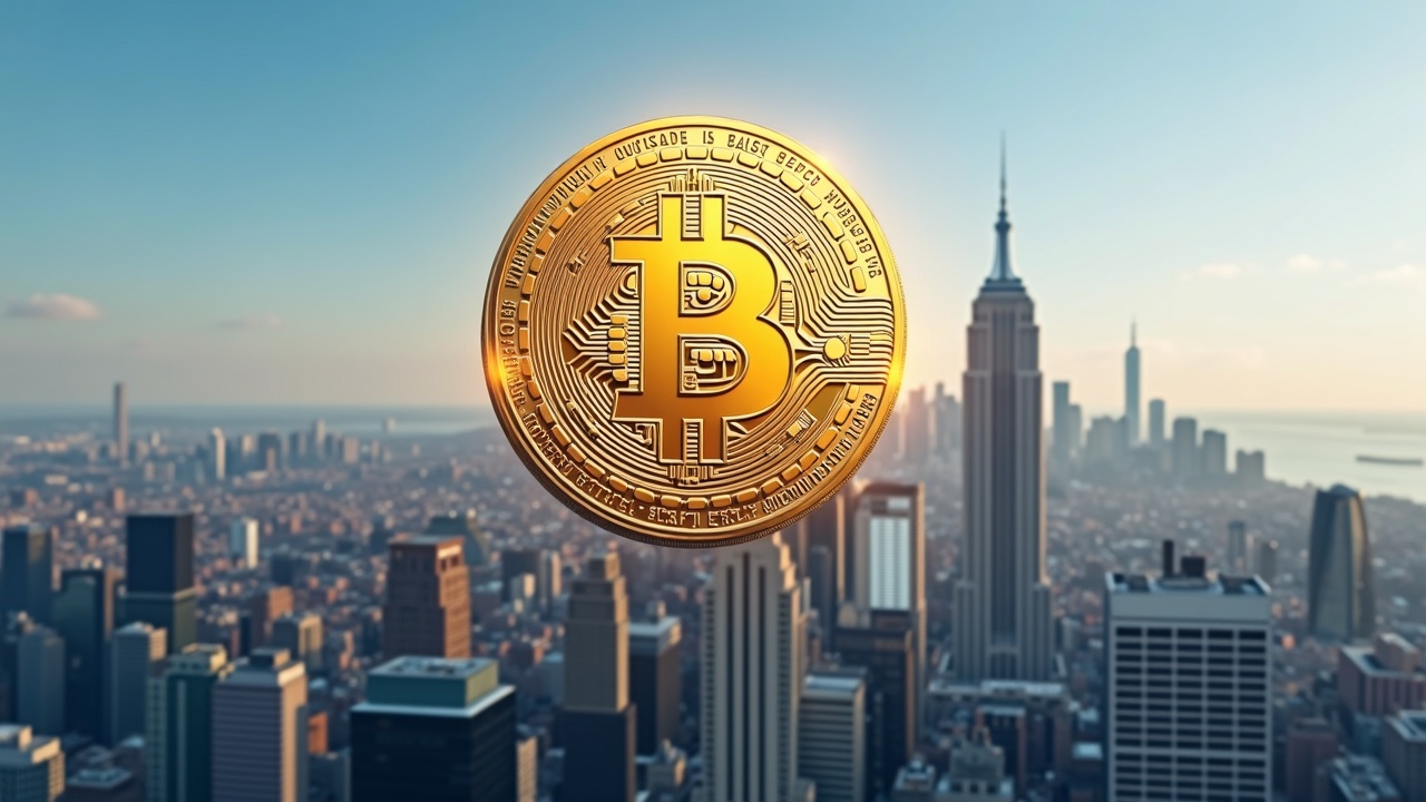 Photorealistic Bitcoin symbol rising over a modern city skyline, depicting Bitcoin as a store of value.
