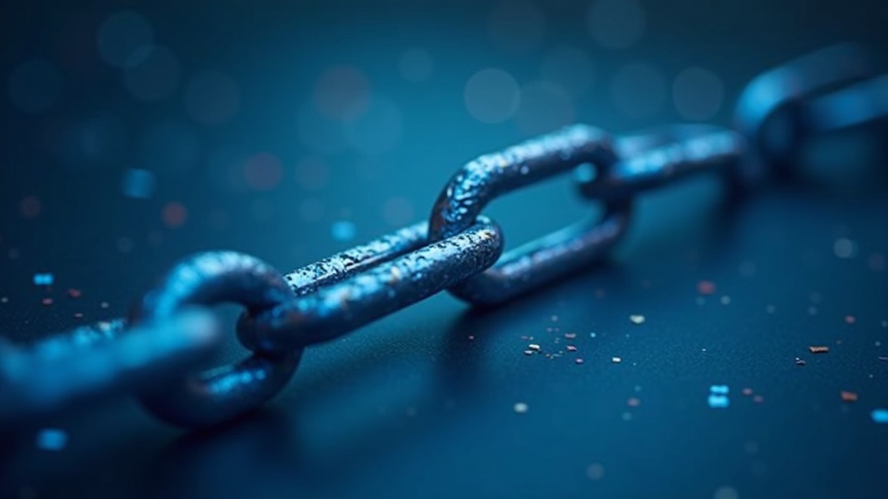 Photorealistic close-up of two blockchain chains diverging with a blue rollback overlay and soft lighting.
