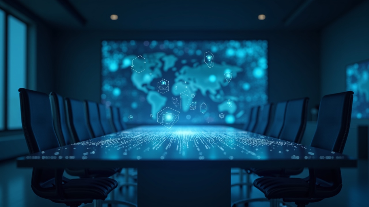 Boardroom with holographic crypto nodes and AI overlays signaling CFTC regulatory oversight.