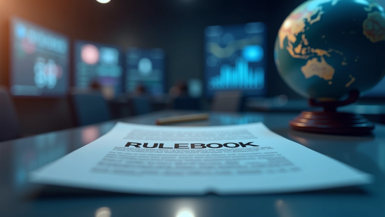 Close-up of a contract labeled Rulebook on a desk with blurred market data screens and a globe.