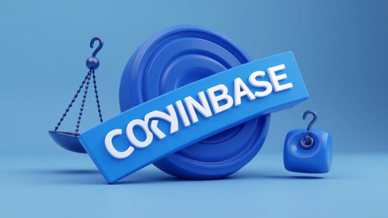 Close-up of the Coinbase logo with a bold risk banner and subtle scales on a clean background