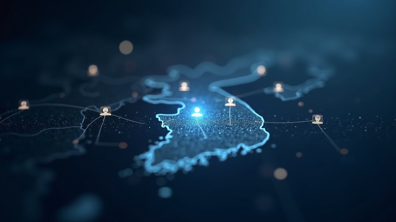 Photorealistic header: South Korea map with compliance icons and subtle glow, illustrating Coinone stake talks scrutiny.