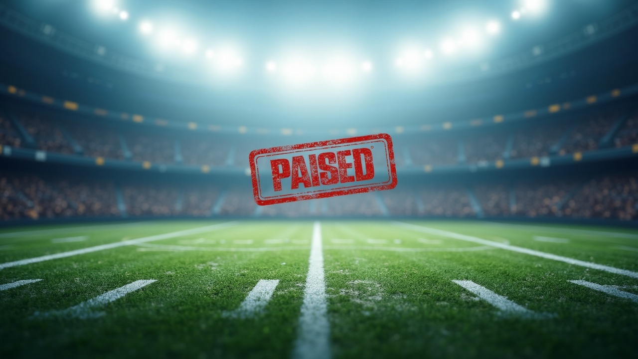 Photorealistic stadium bathed in soft light, contract streams, and a paused stamp signaling a pause on college prediction markets.