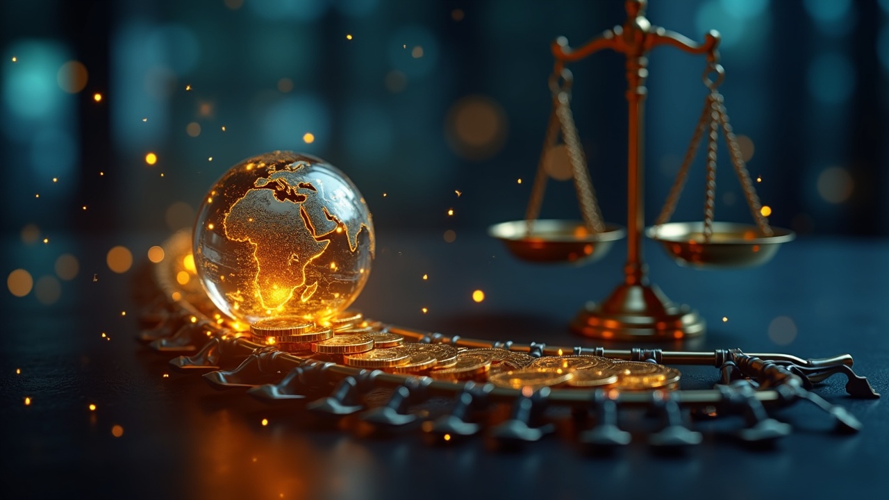 Globe with glowing USDT tokens flowing on Tron rails and scales of justice, signaling cross-border crypto scrutiny.
