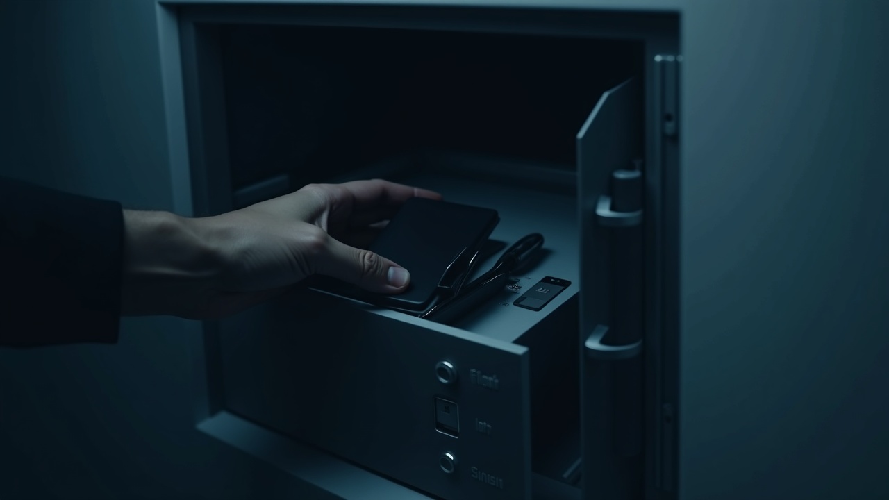Close-up of a hardware wallet and USB drive inside a secured safe, against a cool, neutral office backdrop.