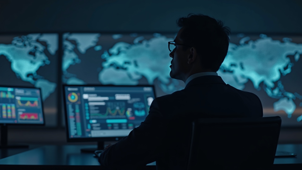 Photorealistic close-up of an executive silhouette in a newsroom with glitchy price feeds and blockchain nodes.