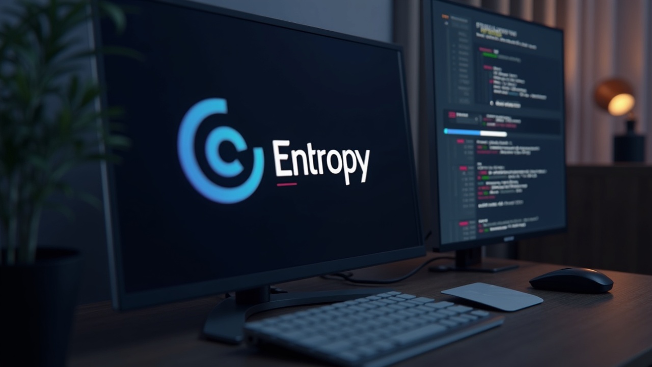 Photorealistic desk scene with a monitor showing a fading Entropy logo and a refunds progress bar.