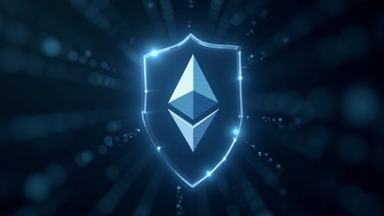 Ethereum logo within a translucent shield over a blurred data network, signaling privacy and decentralized infrastructure.