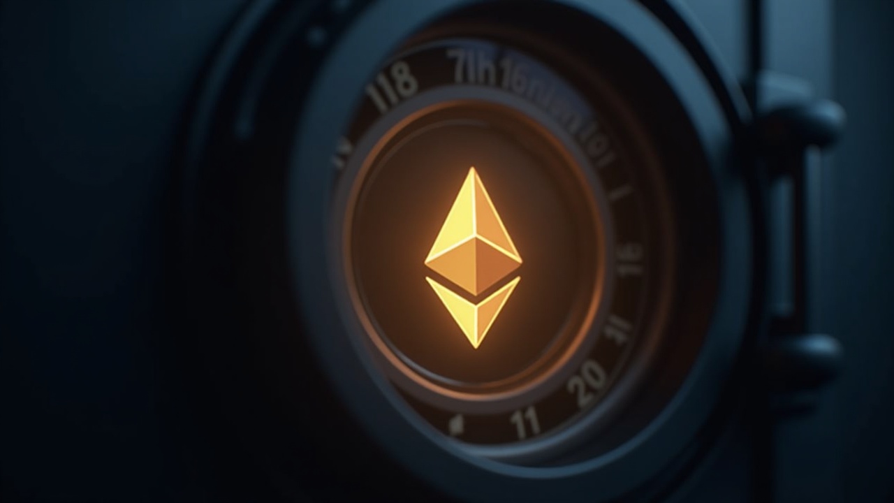 Photorealistic close-up of a glowing Ethereum logo locked inside a clear vault, illustrating staking-driven supply scarcity.