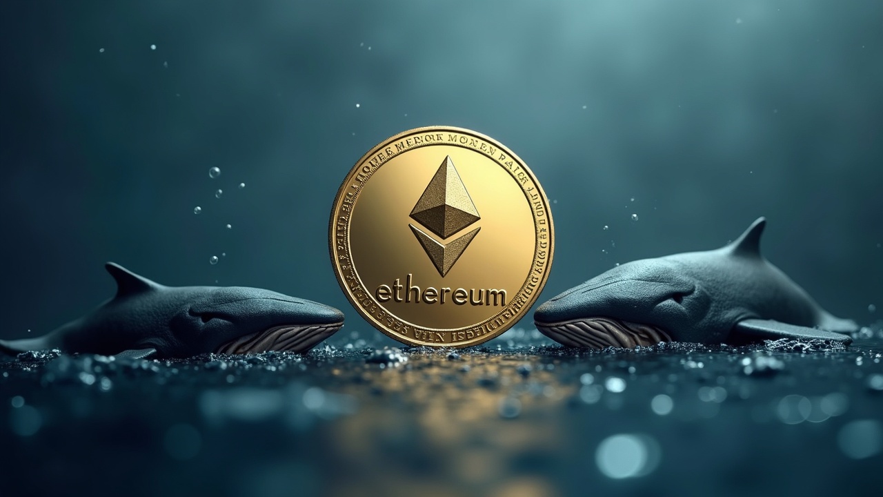 Central Ethereum coin with a whale selling on the left and ETF inflows on the right in a photorealistic market header.