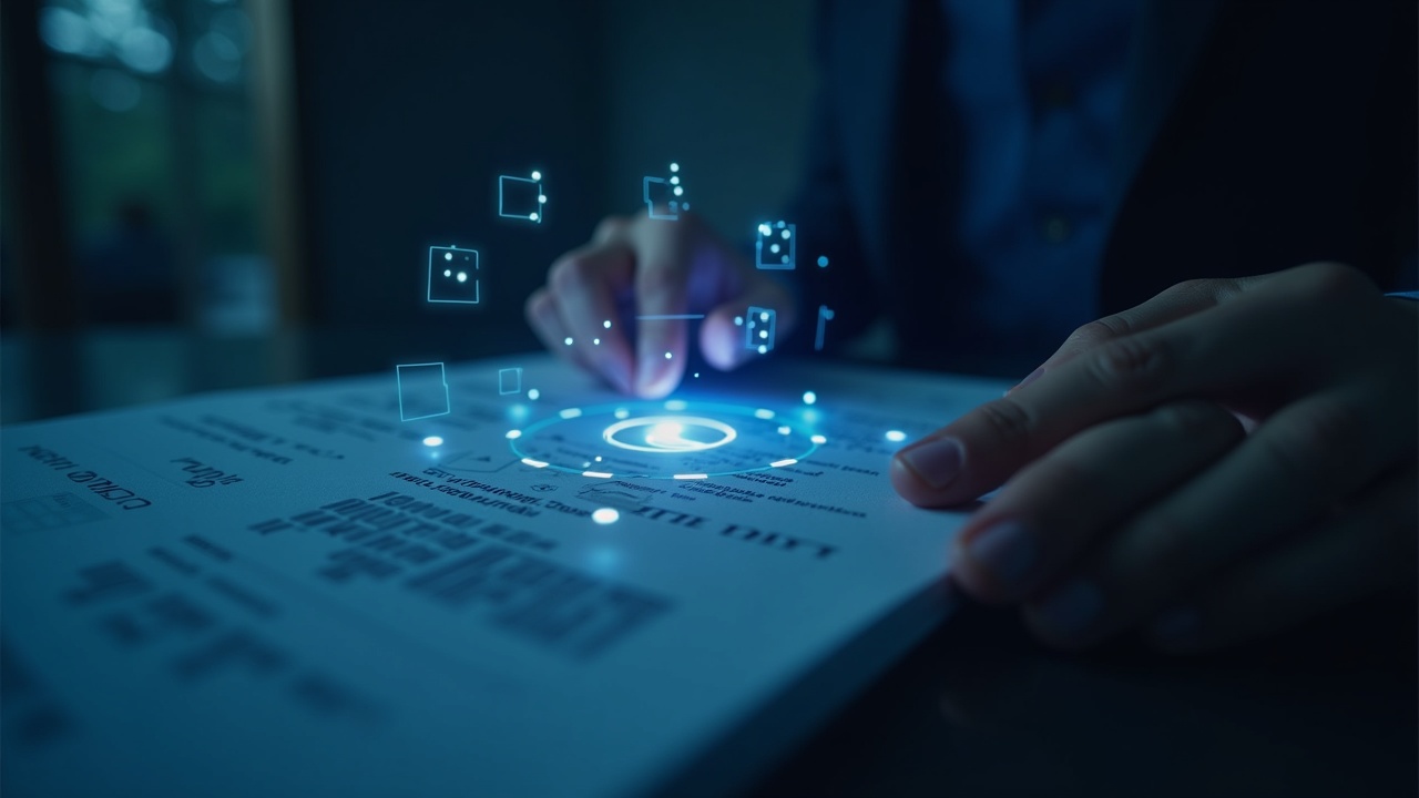 Photorealistic close-up of a compliance analyst inspecting a glowing digital ledger with EU insignia and regulatory papers