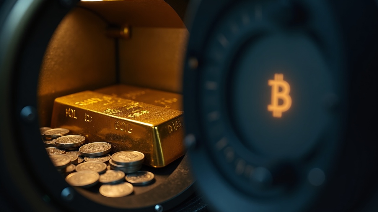 Split-screen: gold bars and silver coins on the left, dim screen with a muted Bitcoin logo on the right.