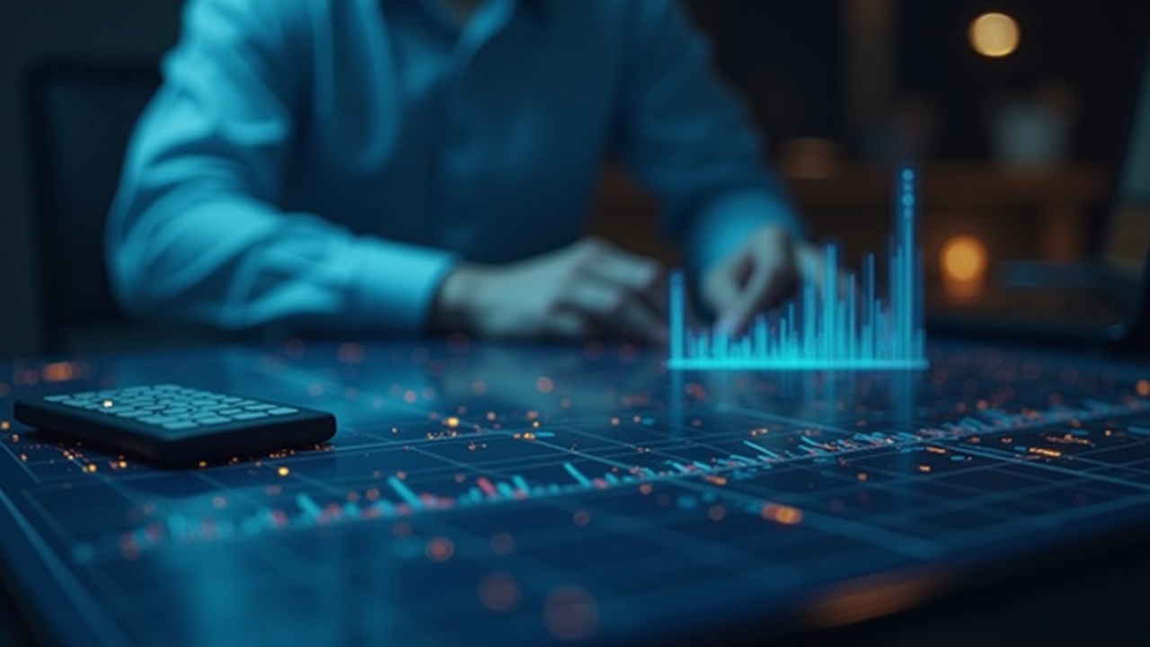 Photoreal trader desk with holographic charts showing on-chain commodity perpetuals and a central HYPE token