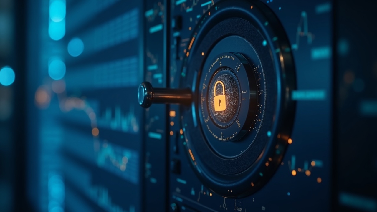 Close-up of a secure digital vault with a glowing KYC badge over a blurred exchange dashboard.