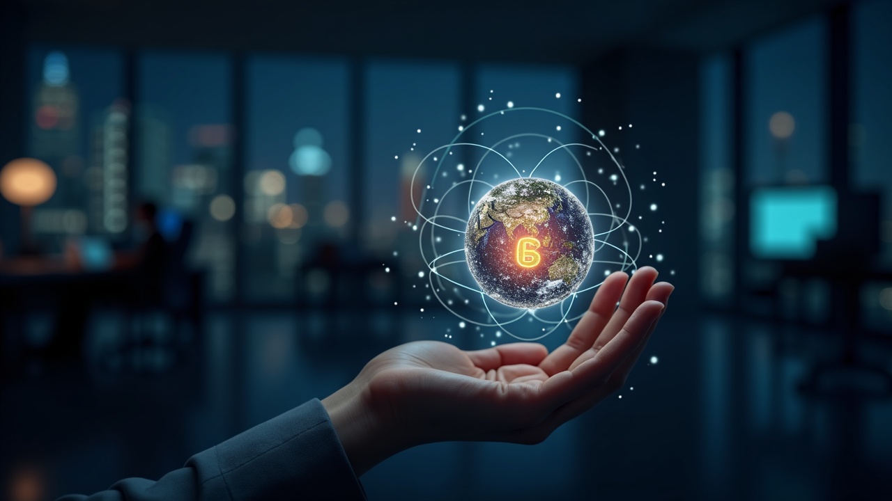 Photorealistic office scene with USDGO stablecoin orbiting a glowing globe, symbolizing regulated cross-border payments.