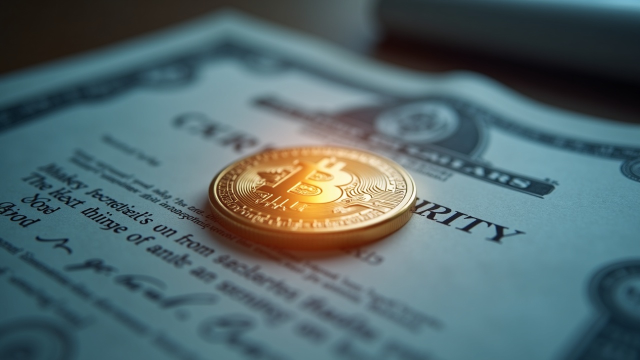 Photoreal close-up of a glowing token atop a traditional stock certificate, symbolizing tokenized securities under law.