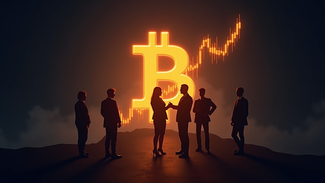 Photorealistic header: Bitcoin logo with a rising candlestick chart, silhouettes of institutional investors, plus lighting.