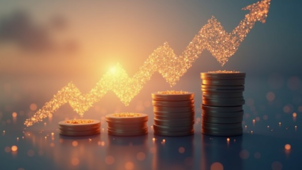 Photoreal SOL glyph over a rising bar chart, neutral lighting, conveying Solana ETF inflows and altcoin rotation.