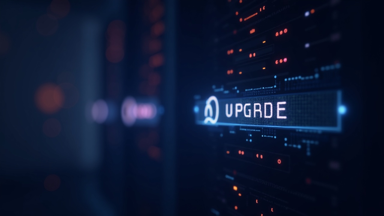 Close-up of a futuristic server room with a glowing upgrade bar and holographic AI interface, symbolizing Solana upgrades.