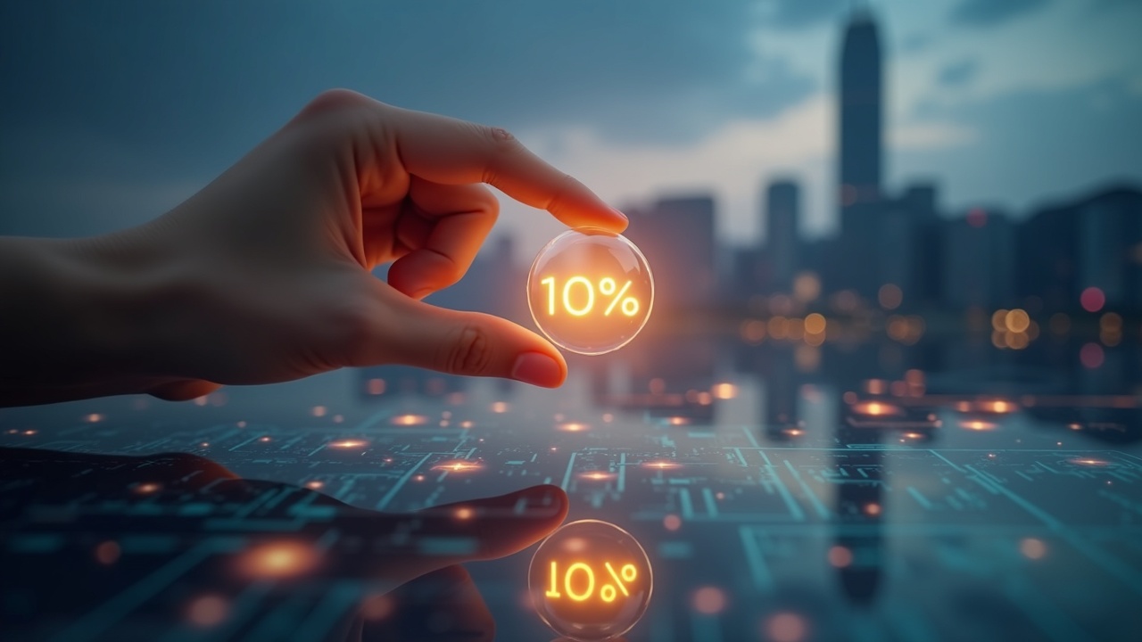 Closeup of a hand placing a glowing 10% ownership cap on a transparent board, with blurred Seoul skyline and crypto charts.