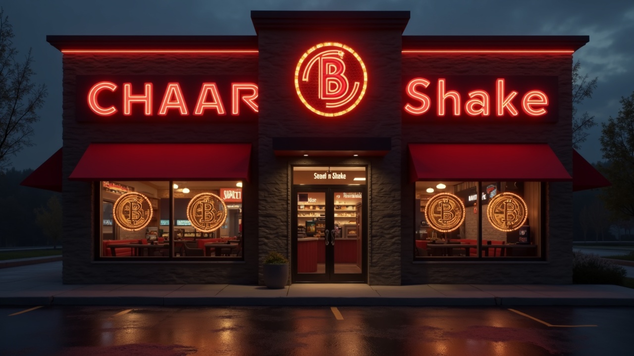Photorealistic Steak n Shake storefront with subtle Bitcoin holograms and a secure vault, highlighting crypto reserve.