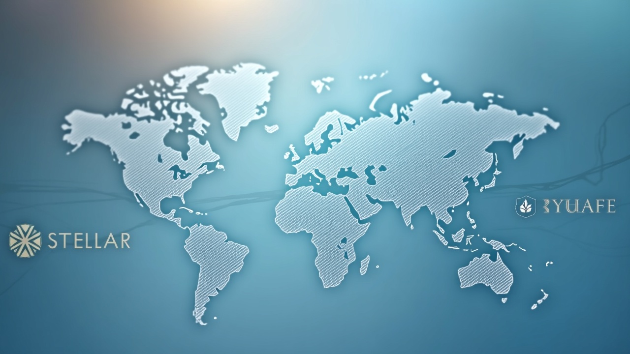 Sharp digital ledger over a world map with subtle institutional logos, signaling Stellar RWA adoption.