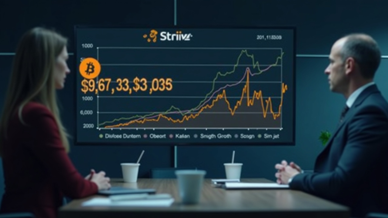 Boardroom with Strive logo, Bitcoin ticker, and a chart showing debt payoff and treasury growth.