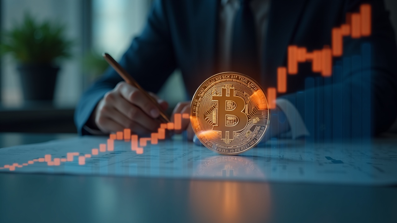 Photoreal desk scene with a holographic Bitcoin symbol over a shrinking shares chart, soft newsroom blur.