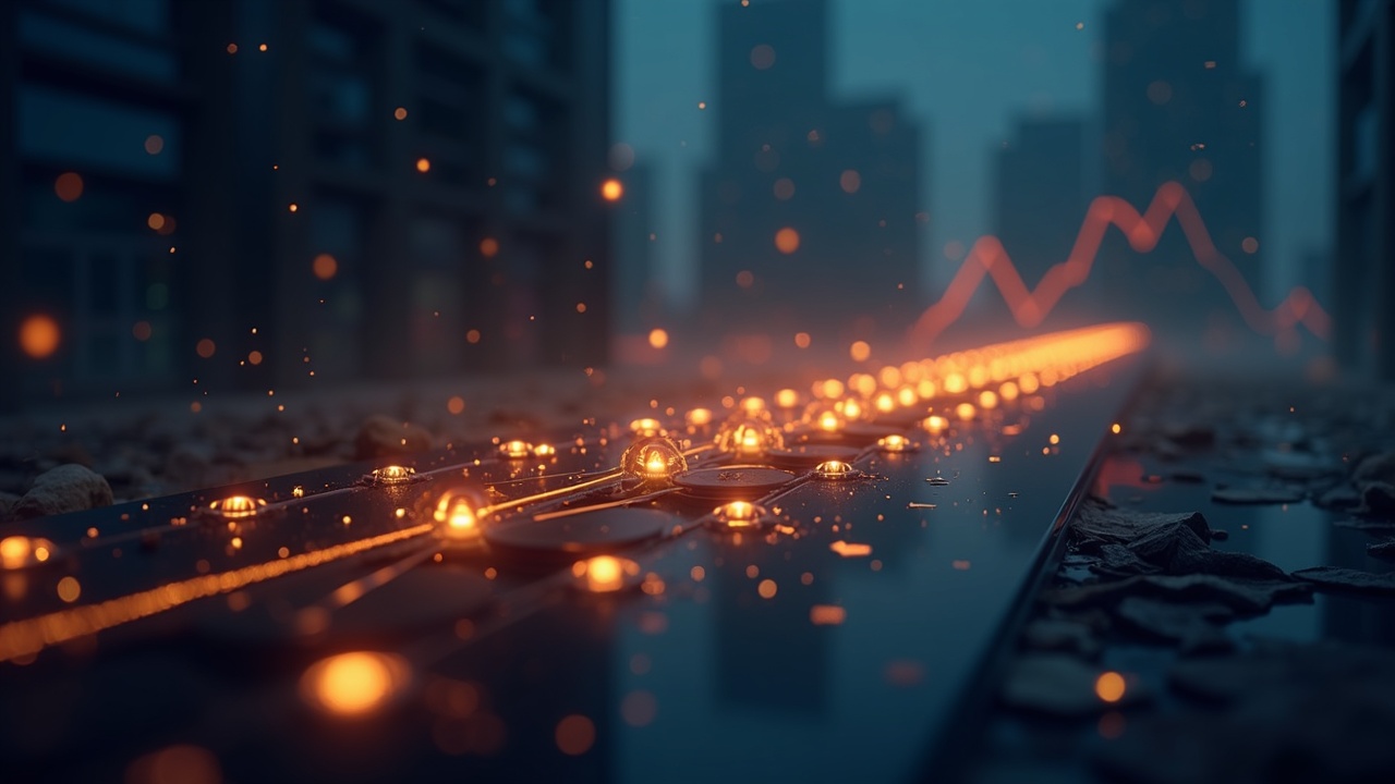 Photorealistic header of tokenized stocks on a glowing blockchain rail heading to instant settlement beside a city skyline.