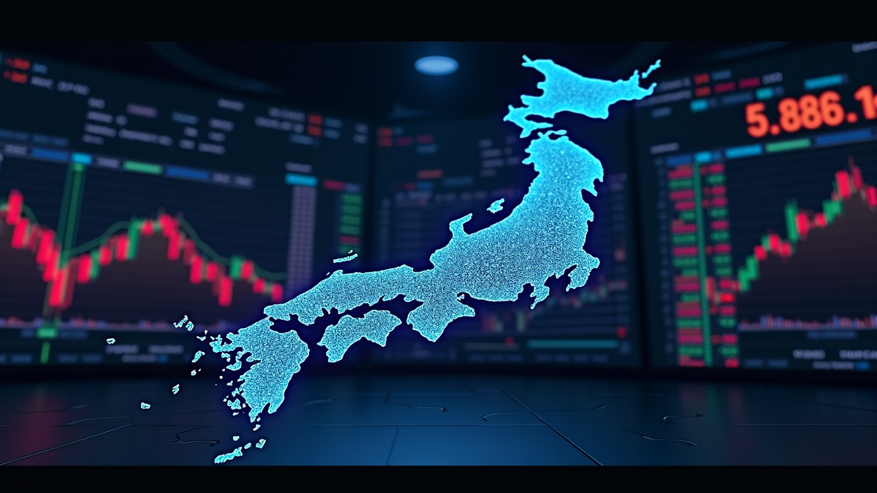 Fotorrealistic Tokyo Stock Exchange floor with digital asset tickers and a JP map overlay, signaling regulated crypto access.