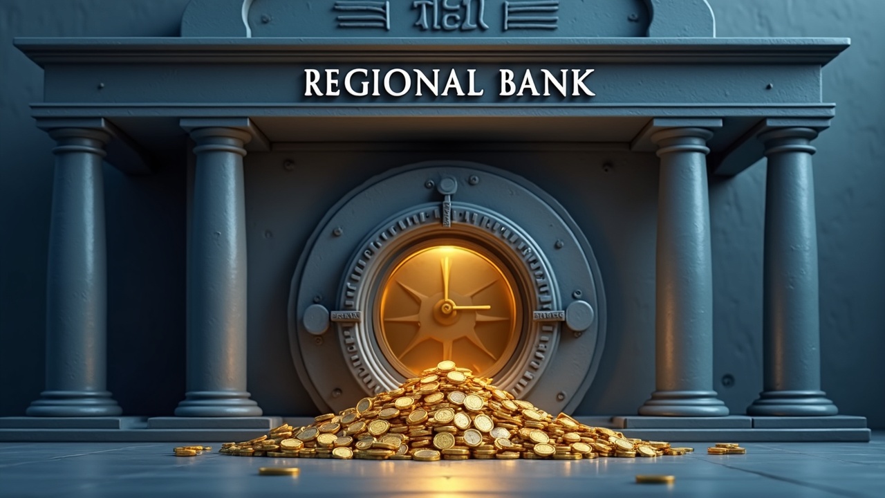 Photorealistic bank facade with digital coins flowing from a vault, illustrating deposits shifting to stablecoins.