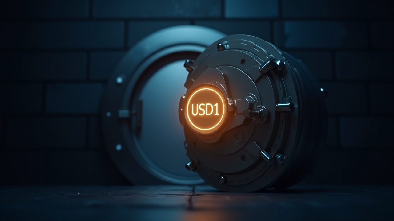 Photoreal bank vault door with a glowing USD1 hologram above, symbolizing a federally chartered stablecoin for institutions.