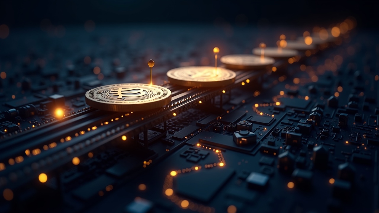 Glowing bridge of USDC coins over a Base blockchain network, illustrating on-chain rails and the Everything Exchange concept.