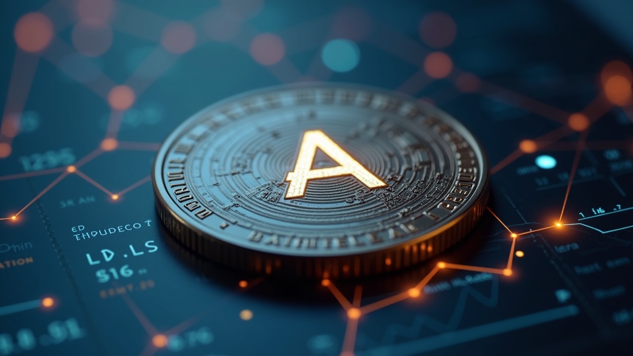 Close-up AVAX token with staking glow against a blurred newsroom backdrop