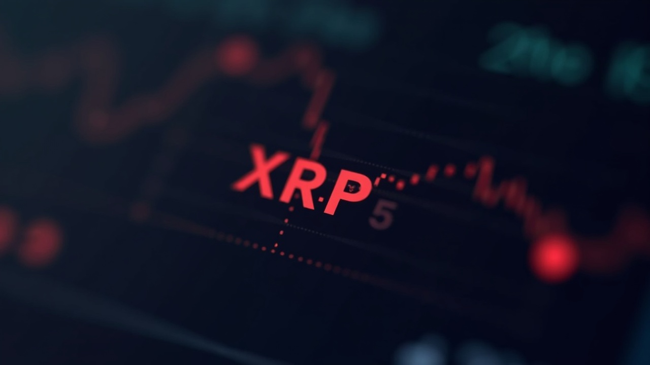 Photorealistic crypto ETF dashboard showing XRP outflows, a bold red arrow, XRP logo center with BTC and ETH silhouettes.