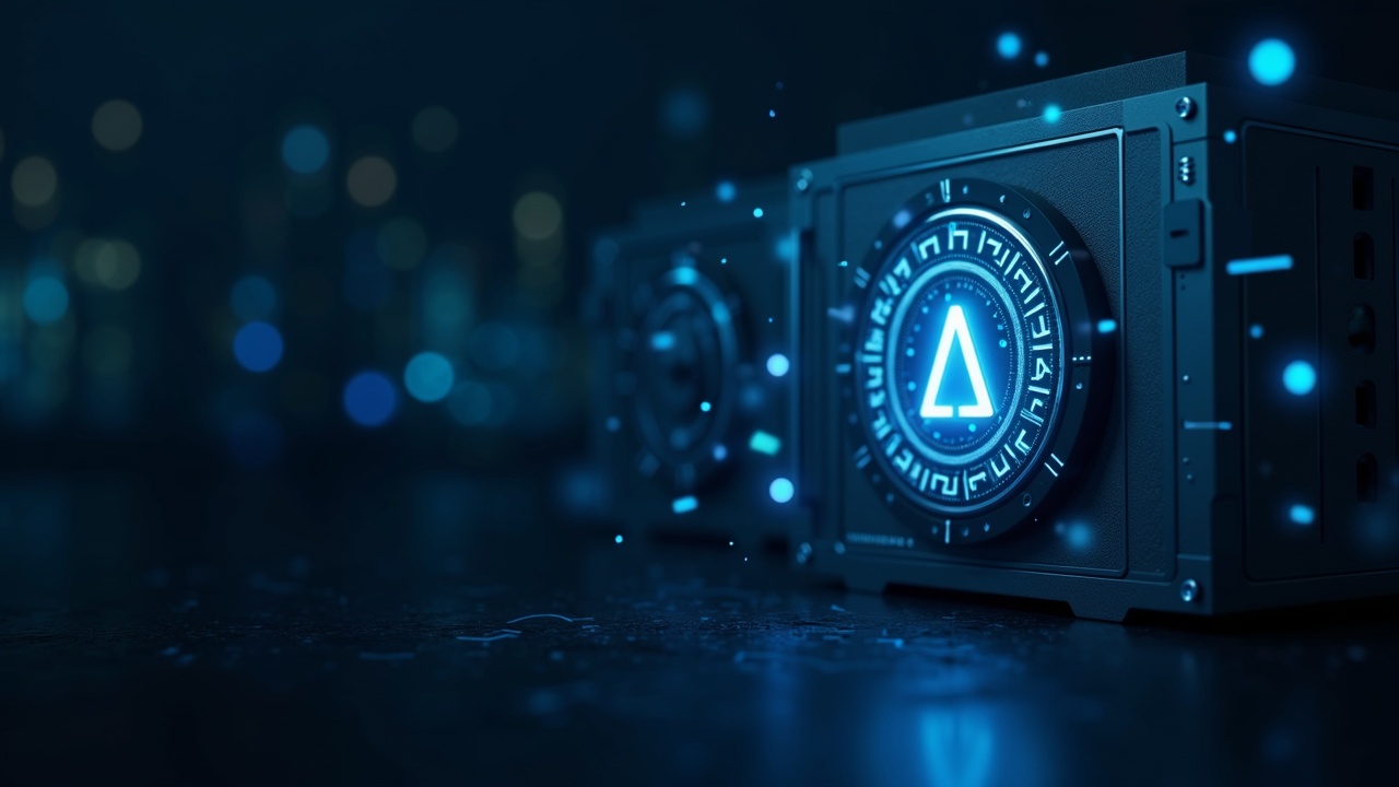 Photorealistic header: Aave logo atop a high-tech vault with bank towers fading into blockchain code and DeFi visuals.