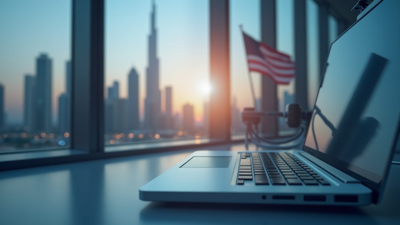 Photoreal header showing a crypto firm logo on a desk with Abu Dhabi skyline overlay and a faint US flag.