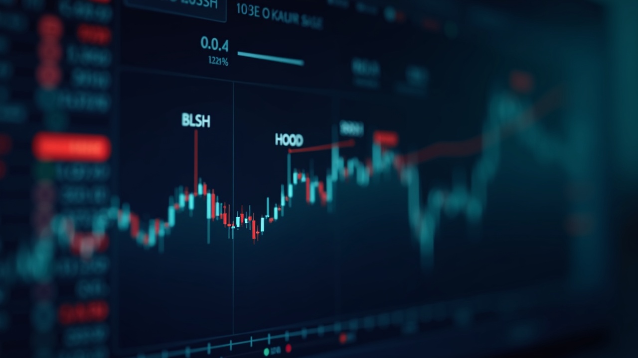 Photorealistic close-up of a digital stock ticker showing BLSH, HOOD, and BMNR with a newsroom backdrop.