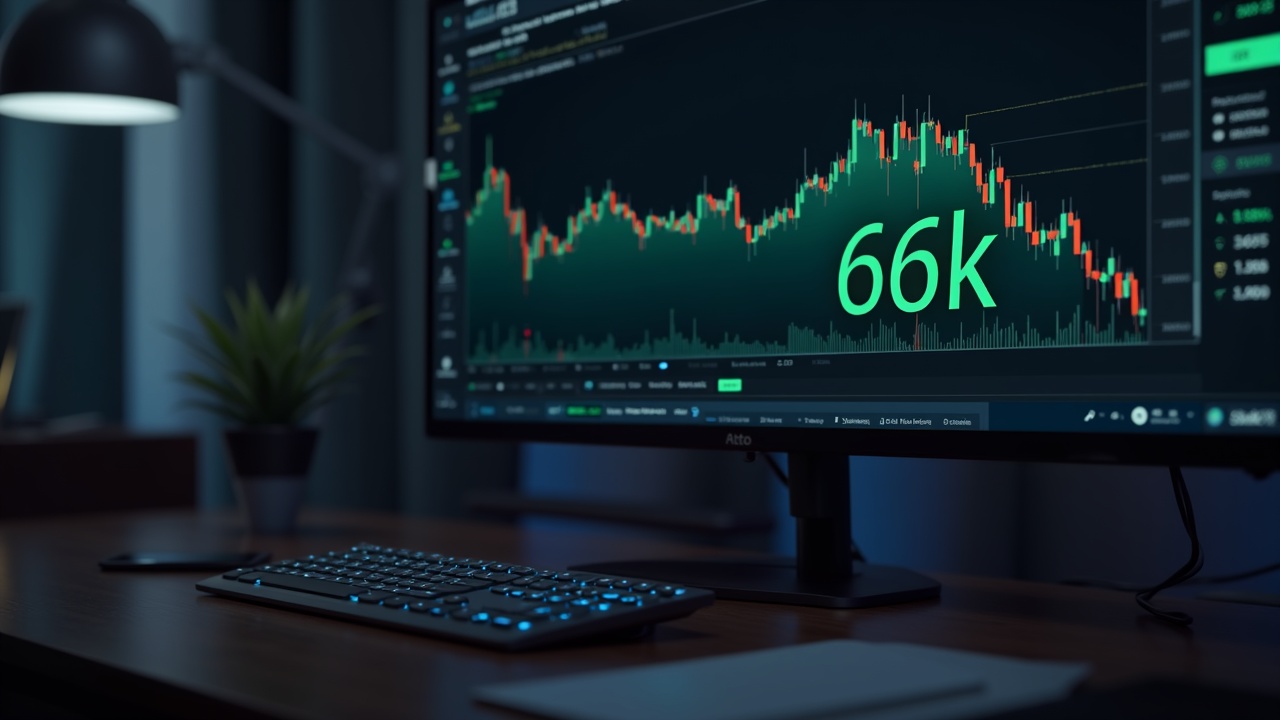 Photorealistic trading desk with Bitcoin chart dipping below 66k on a bright monitor, with subtle ARK and Robinhood icons.