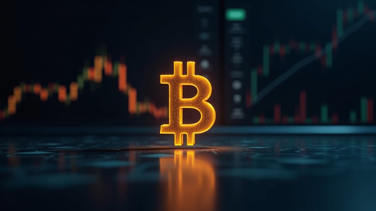 Photorealistic Bitcoin symbol on glass desk with a holographic options chain above and a blurred financial dashboard.