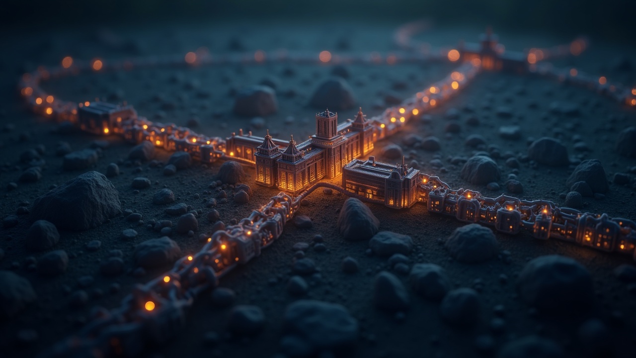 Photorealistic Chainlink-inspired fortress linked to tokenized real-world assets such as real estate, bonds, and commodities under soft lighting.